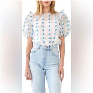 English Factory Blue Floral Puff Sleeve Blouse